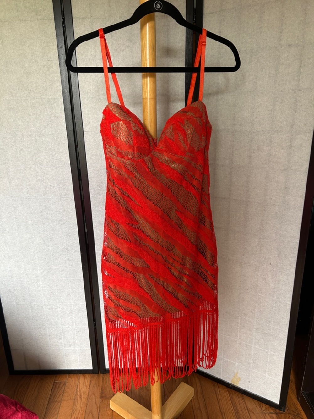 Orange Fringe Mesh Slip Dress